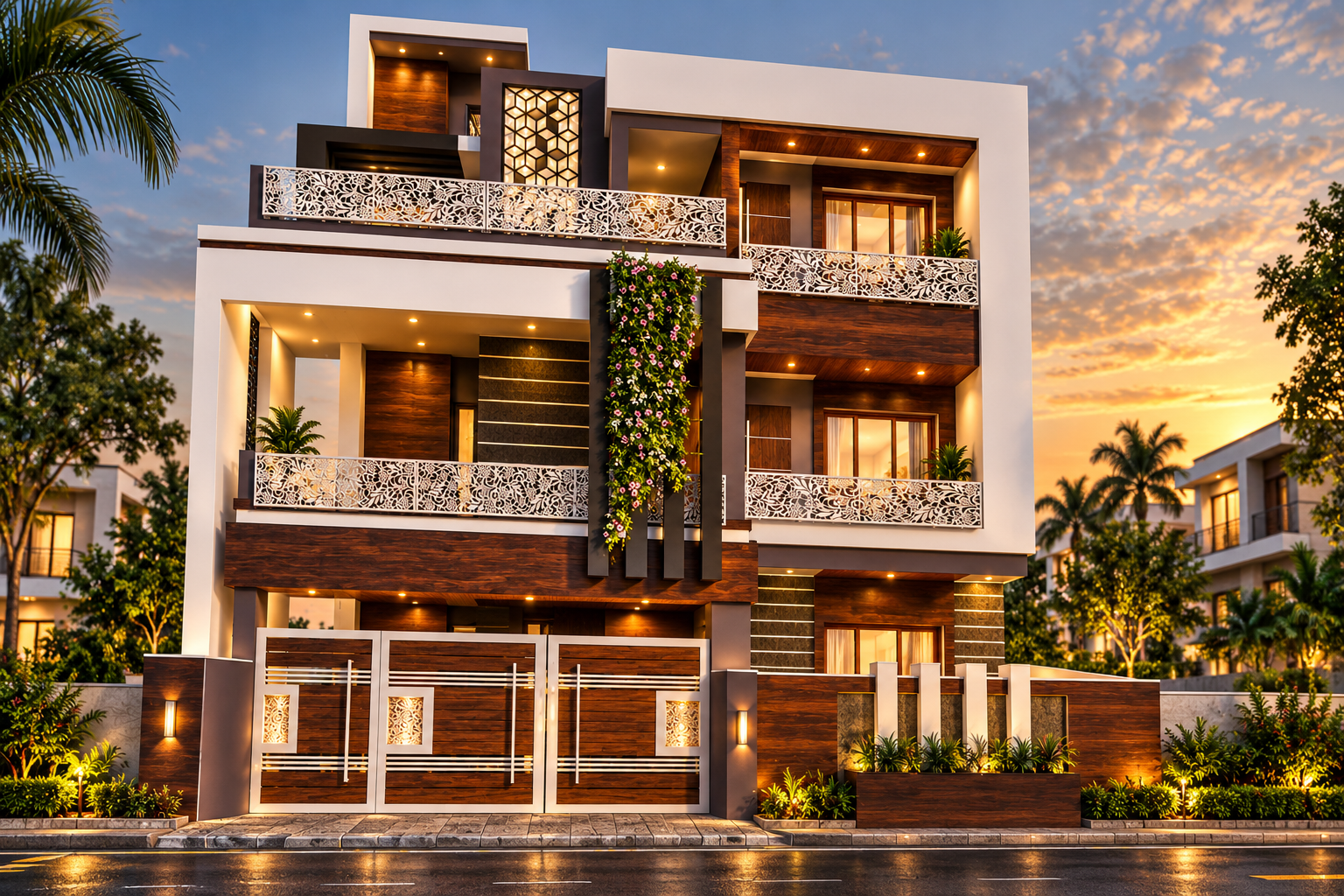 Modern multi-storey residence with wood-finish facade, decorative balcony railings and warm lighting at sunset